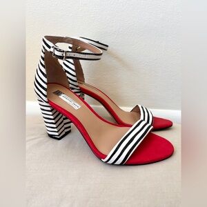 INC black and white striped with red block heel sandals